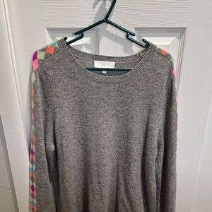 Lisa Todd 100% cashmere Gray Crewneck Sweater with Colorful Argyle Sleeve Trim